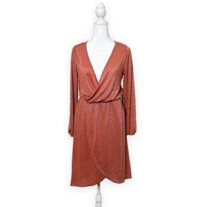 Halogen Coral Metallic Faux Wrap Dress Long Sleeves NWT Size XS